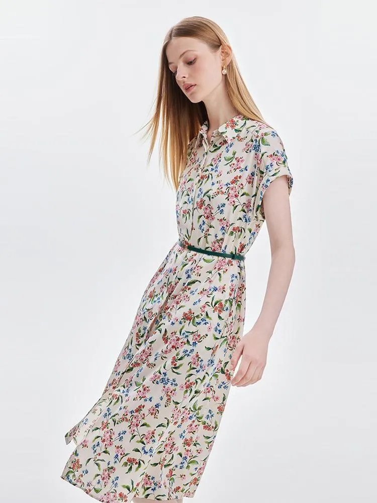 19 Momme Silk Print Midi Dress With Belt