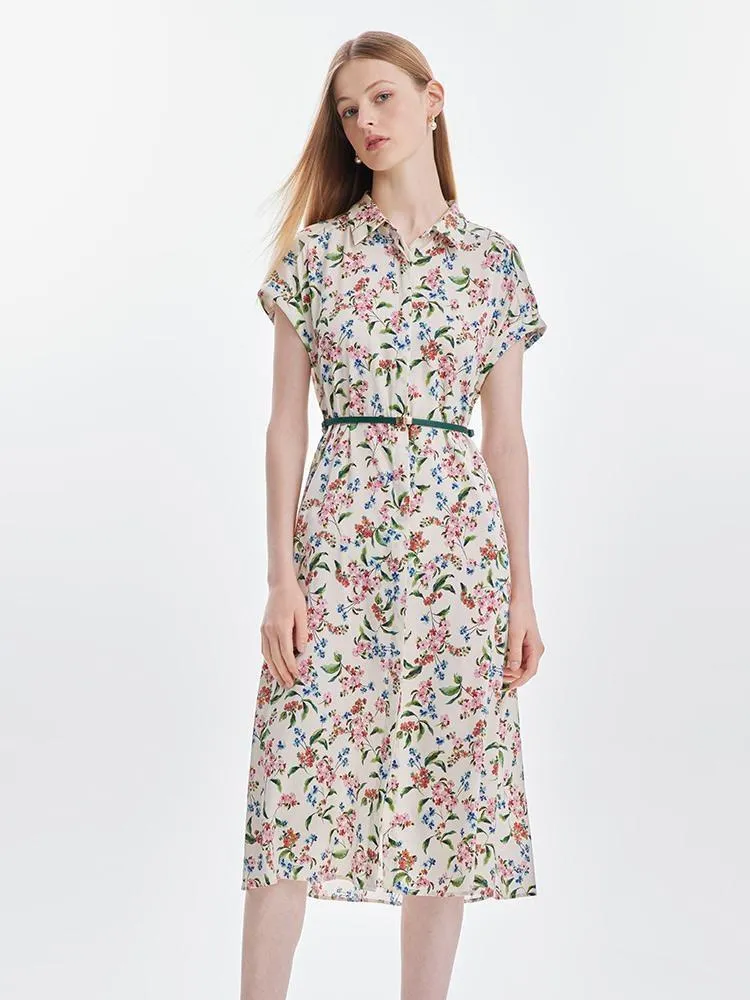 19 Momme Silk Print Midi Dress With Belt