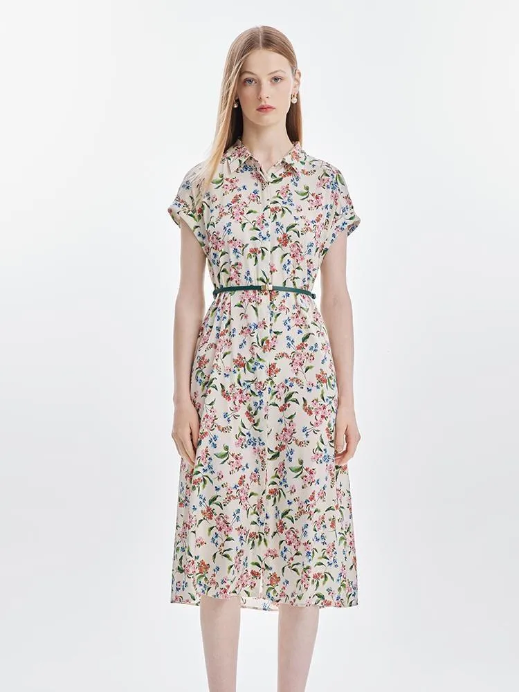 19 Momme Silk Print Midi Dress With Belt