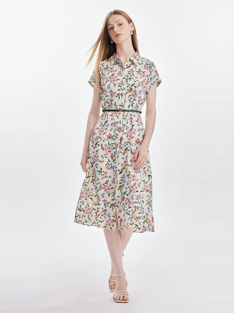 19 Momme Silk Print Midi Dress With Belt