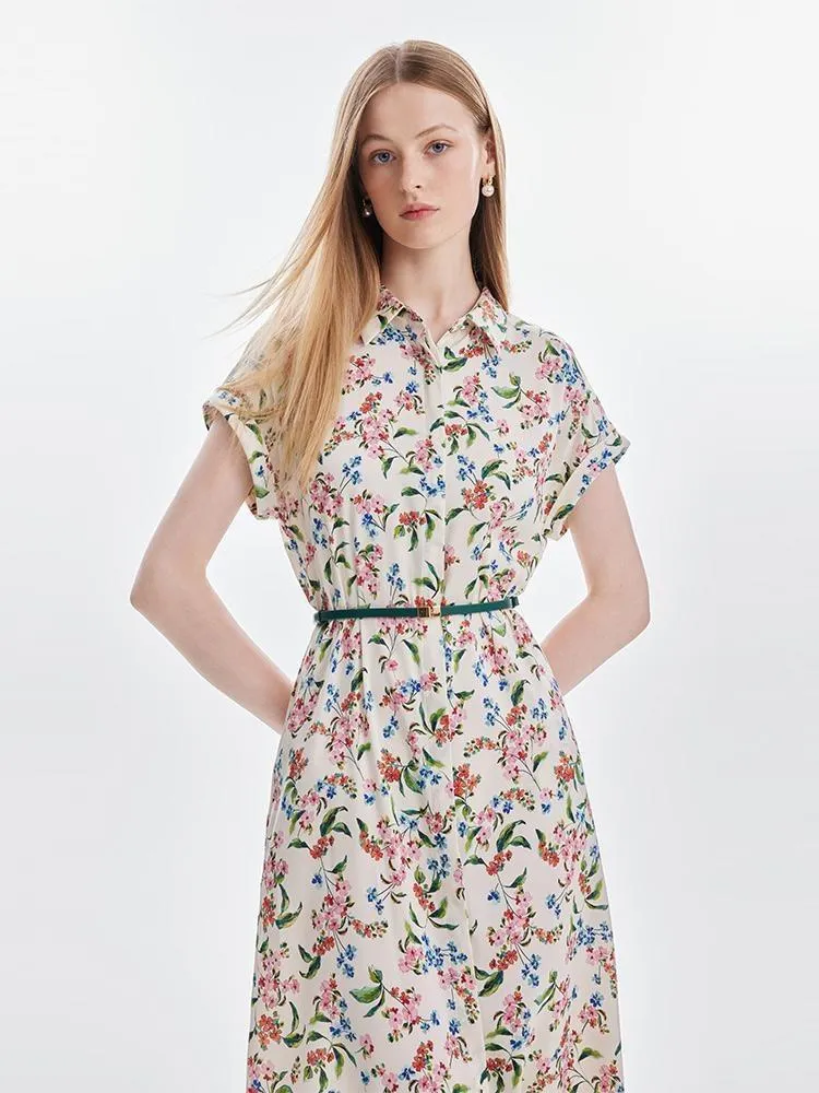 19 Momme Silk Print Midi Dress With Belt