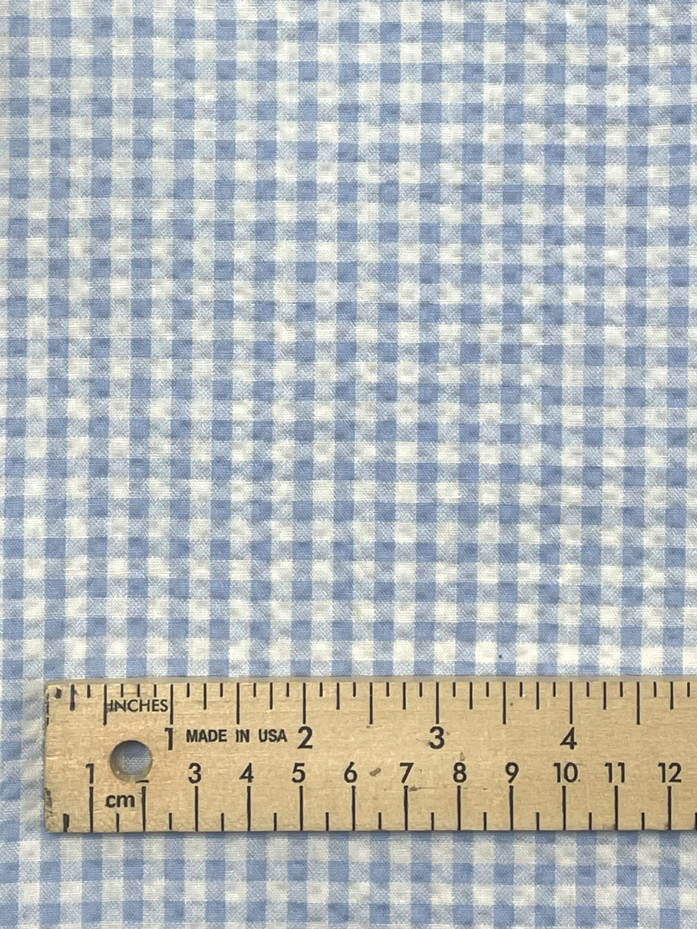 2 YD Poly/Cotton Printed Plaid Gingham Faux Seersucker - Light Blue and White