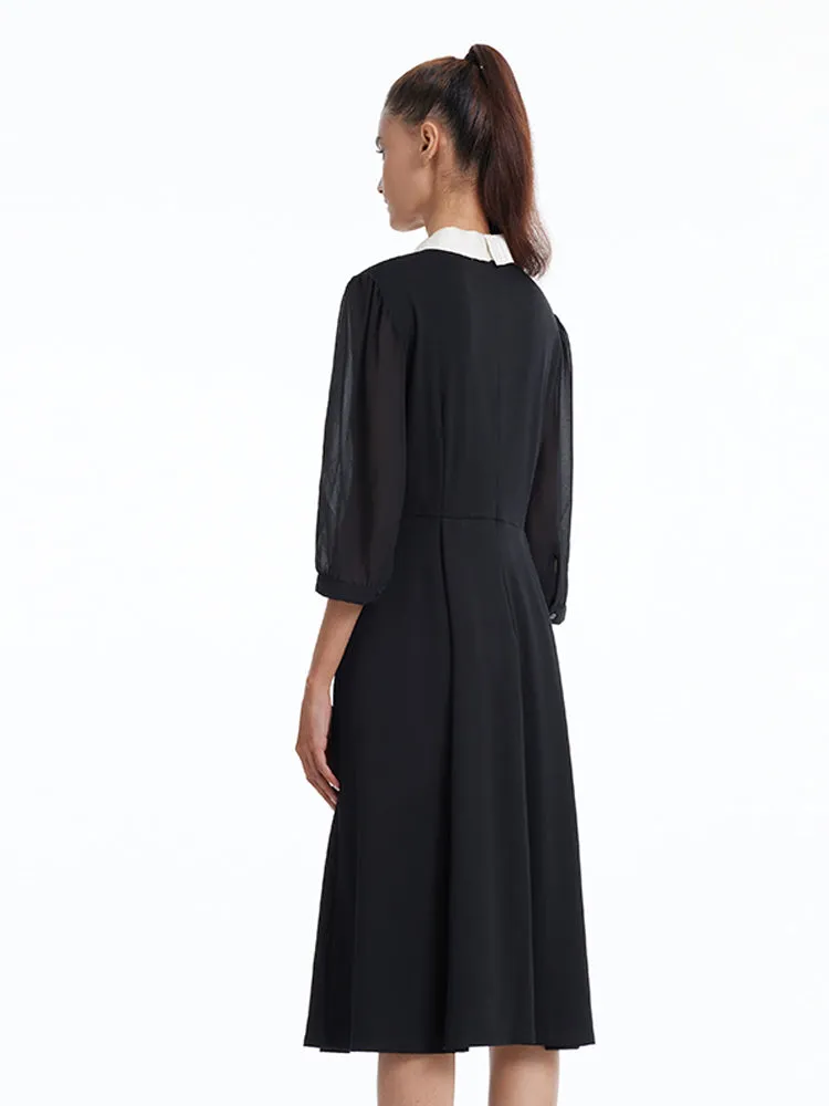 Black Knitted Gathered Waist Midi Dress