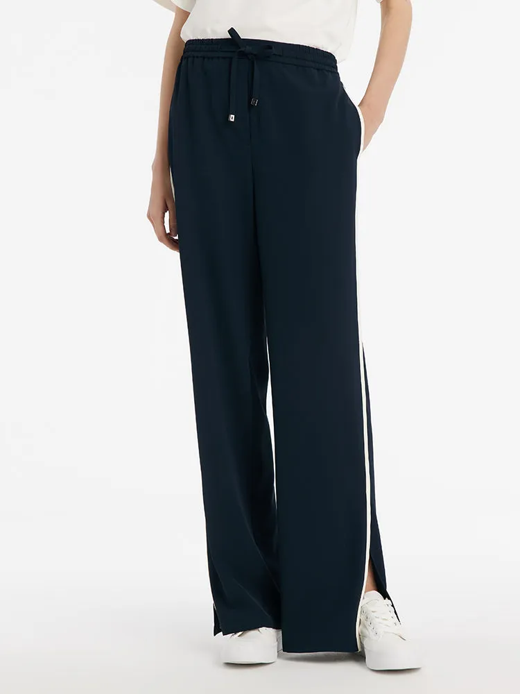 Contrast Trim Straight Women Pants With Elastic Waistband