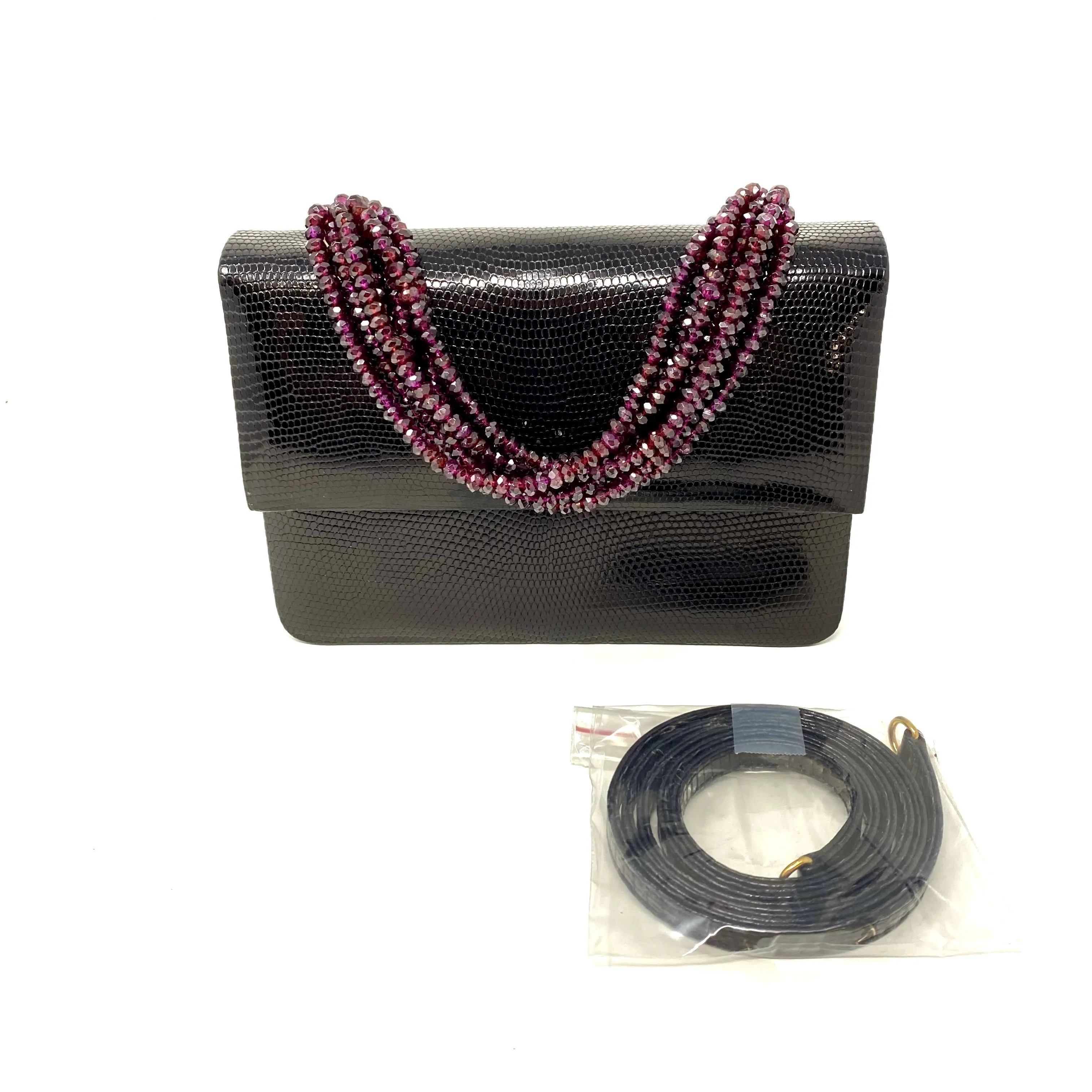 Darby Scott Mini Jeweled Necklace Handbag Black Lizard Garnet