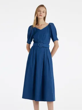 Denim Women Midi Dress With Heart-Shaped Buckle Belt