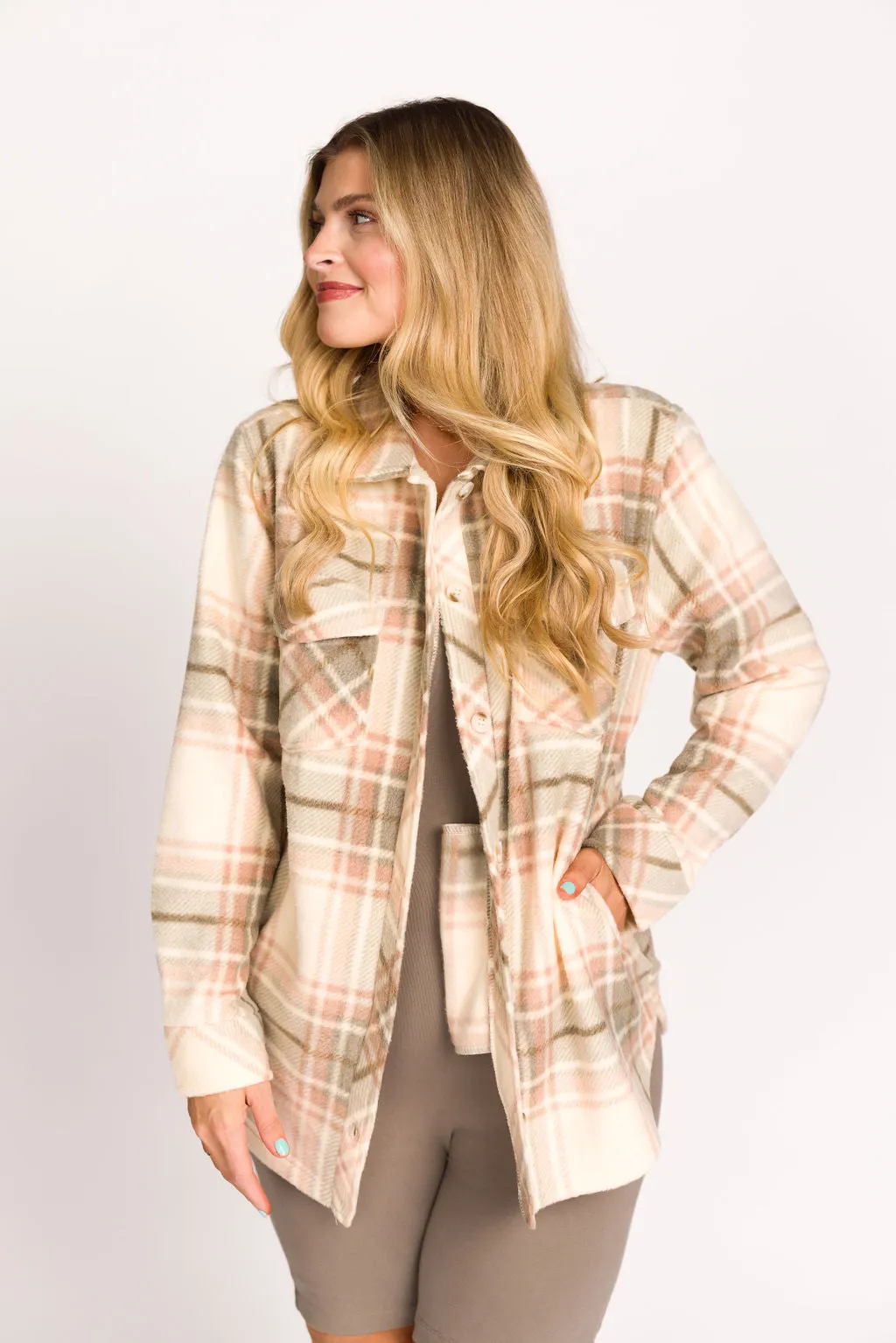 Fall for It Fleece Cozy Shacket in Vanilla Vetiver Plaid - Nursing Friendly