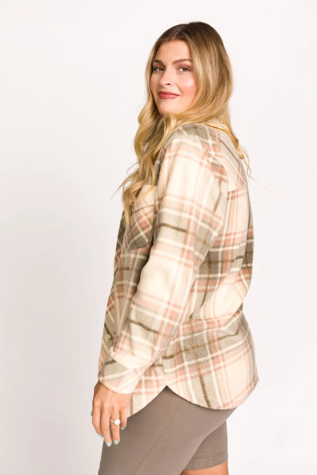 Fall for It Fleece Cozy Shacket in Vanilla Vetiver Plaid - Nursing Friendly