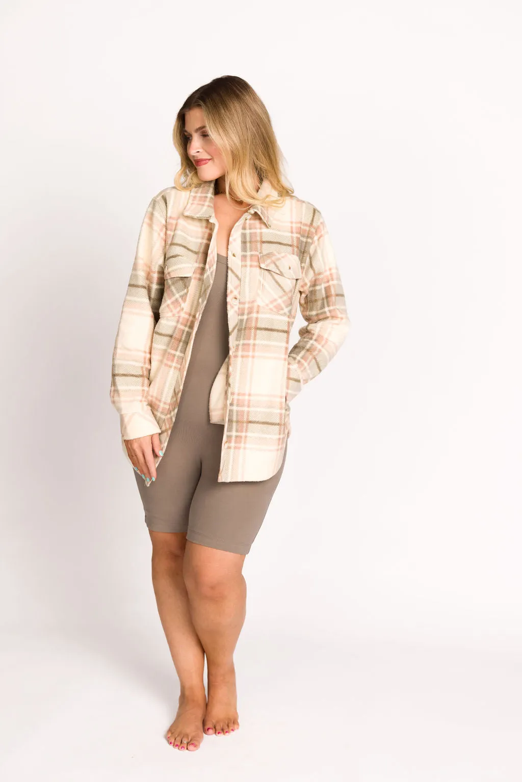 Fall for It Fleece Cozy Shacket in Vanilla Vetiver Plaid - Nursing Friendly