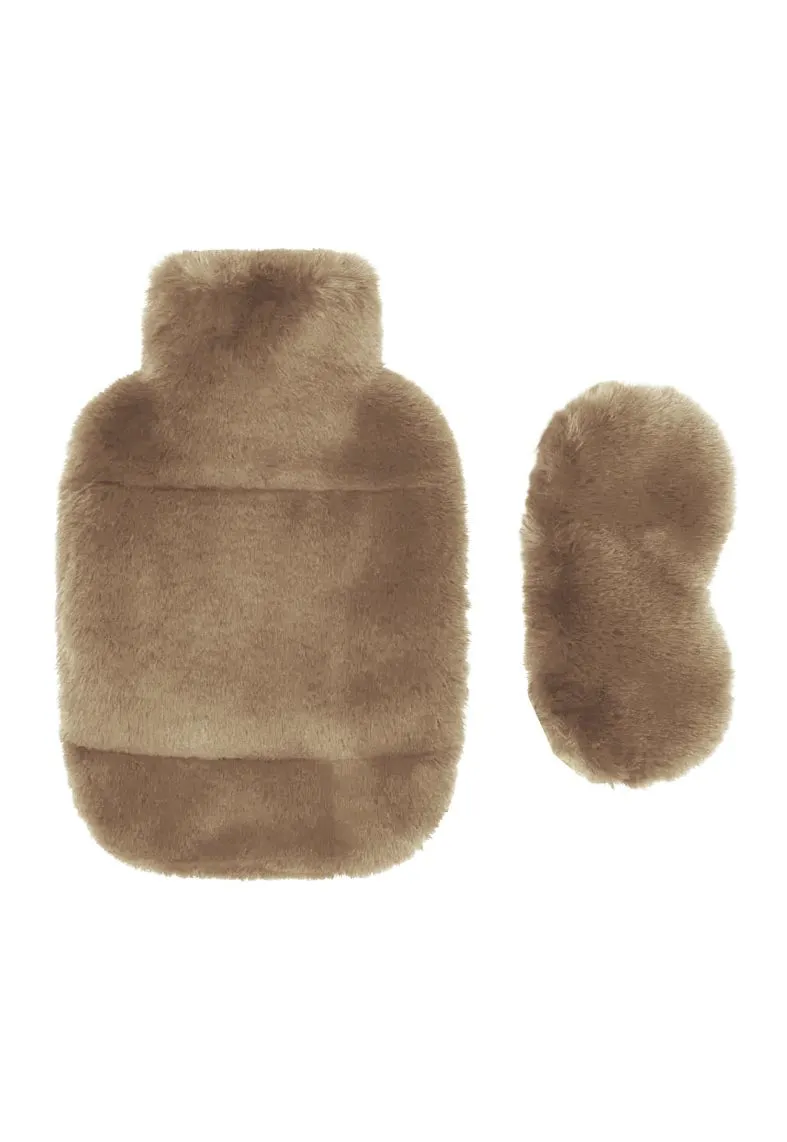 FAUX FUR HOT WATER BOTTLE AND EYE MASK SET-CAMEL