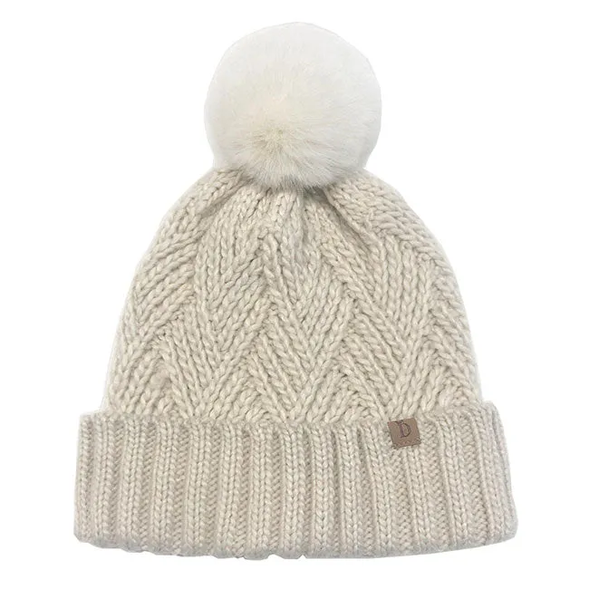 Faux Fur Pom Pom Cable Knit Beanie Hat