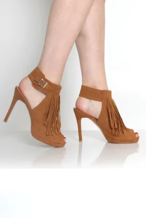 Fern Tan Suede Tassel Peep Toe Heels