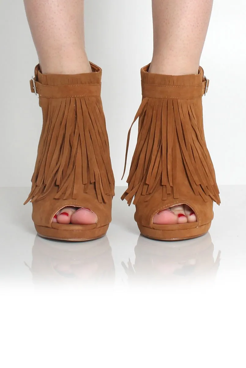 Fern Tan Suede Tassel Peep Toe Heels