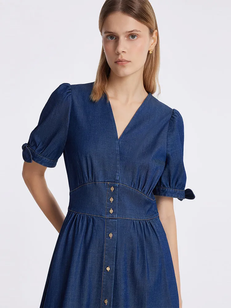 Gathered Waist Denim Women Midi Dress