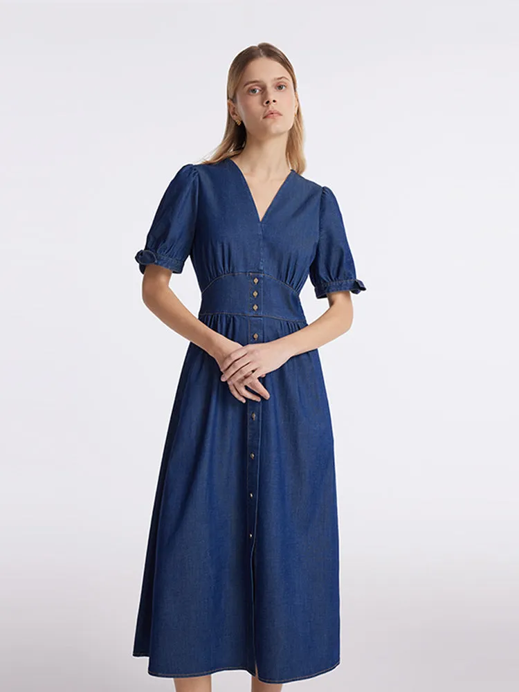 Gathered Waist Denim Women Midi Dress