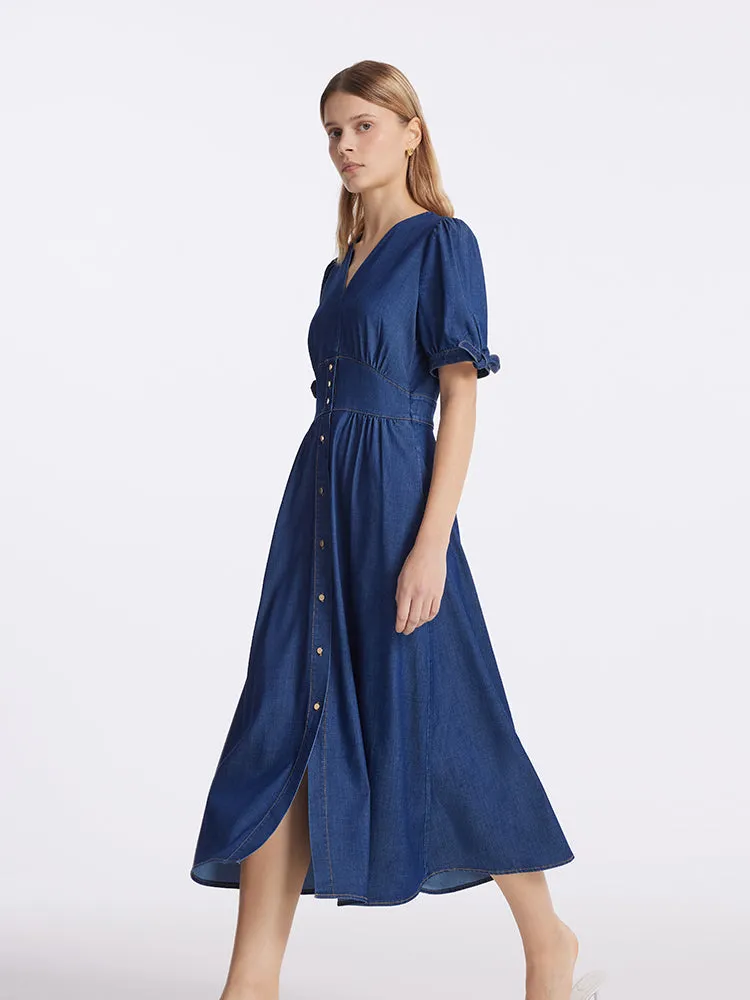 Gathered Waist Denim Women Midi Dress