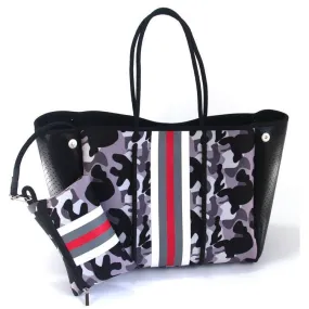 Grey Camo with Red & White Stripe Neoprene Tote