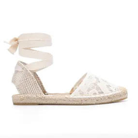 Lace T-strap Espadrille Flats - White