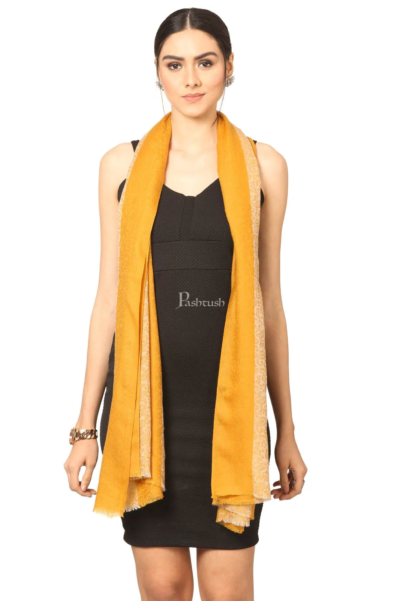 Pashtush Fine Wool Luxury Striped Design Scarf, Stole, Weaving Design - Mustard