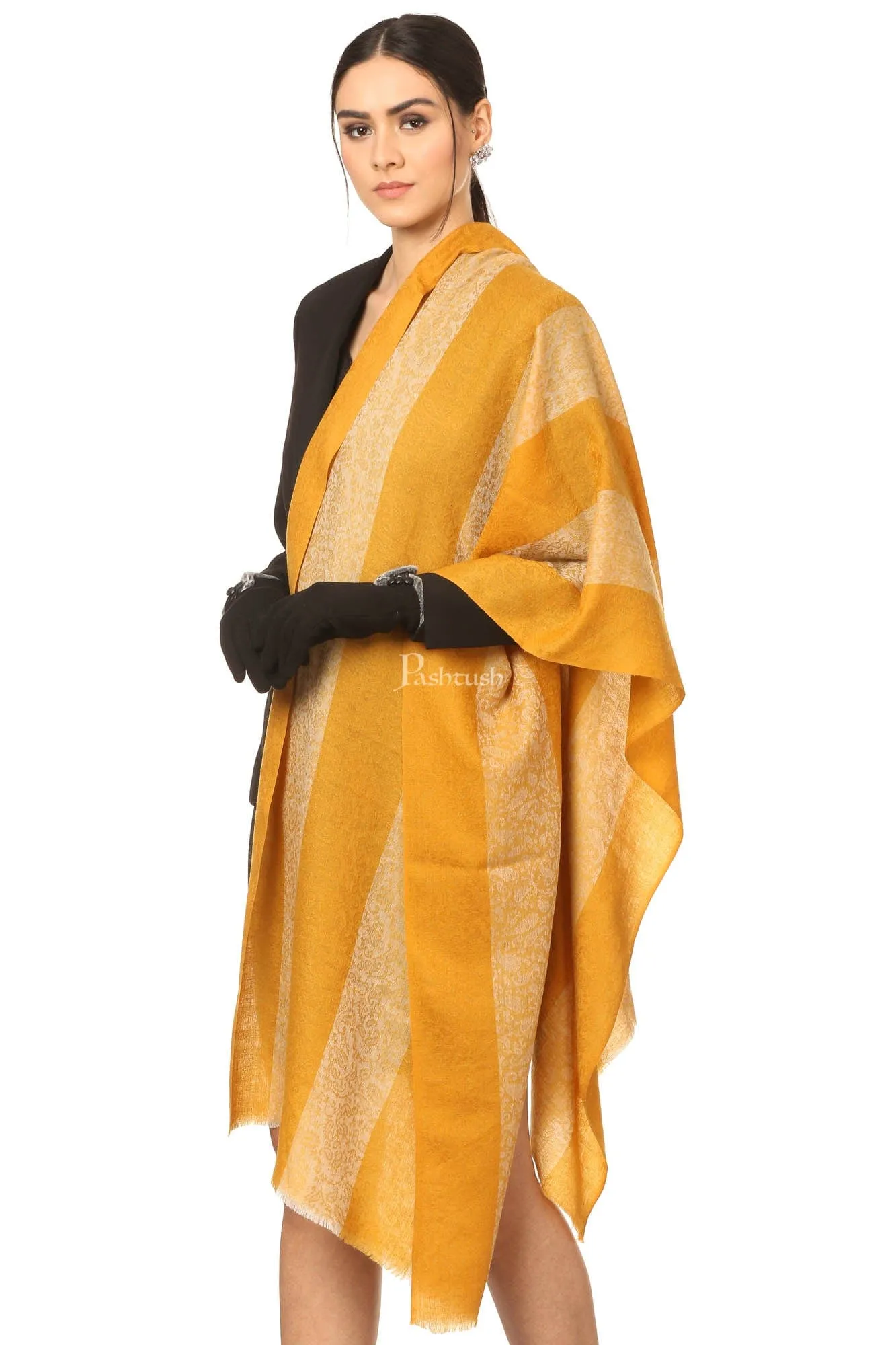 Pashtush Fine Wool Luxury Striped Design Scarf, Stole, Weaving Design - Mustard