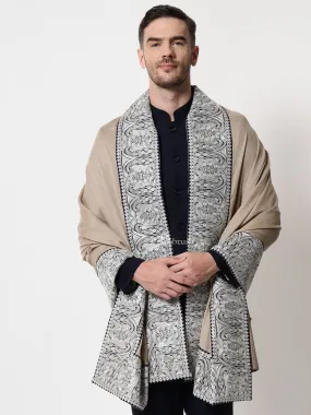 Pashtush mens 100% Pure Wool with Woolmark Certificate stole, Metallic Tilla silver border weave design, Beige