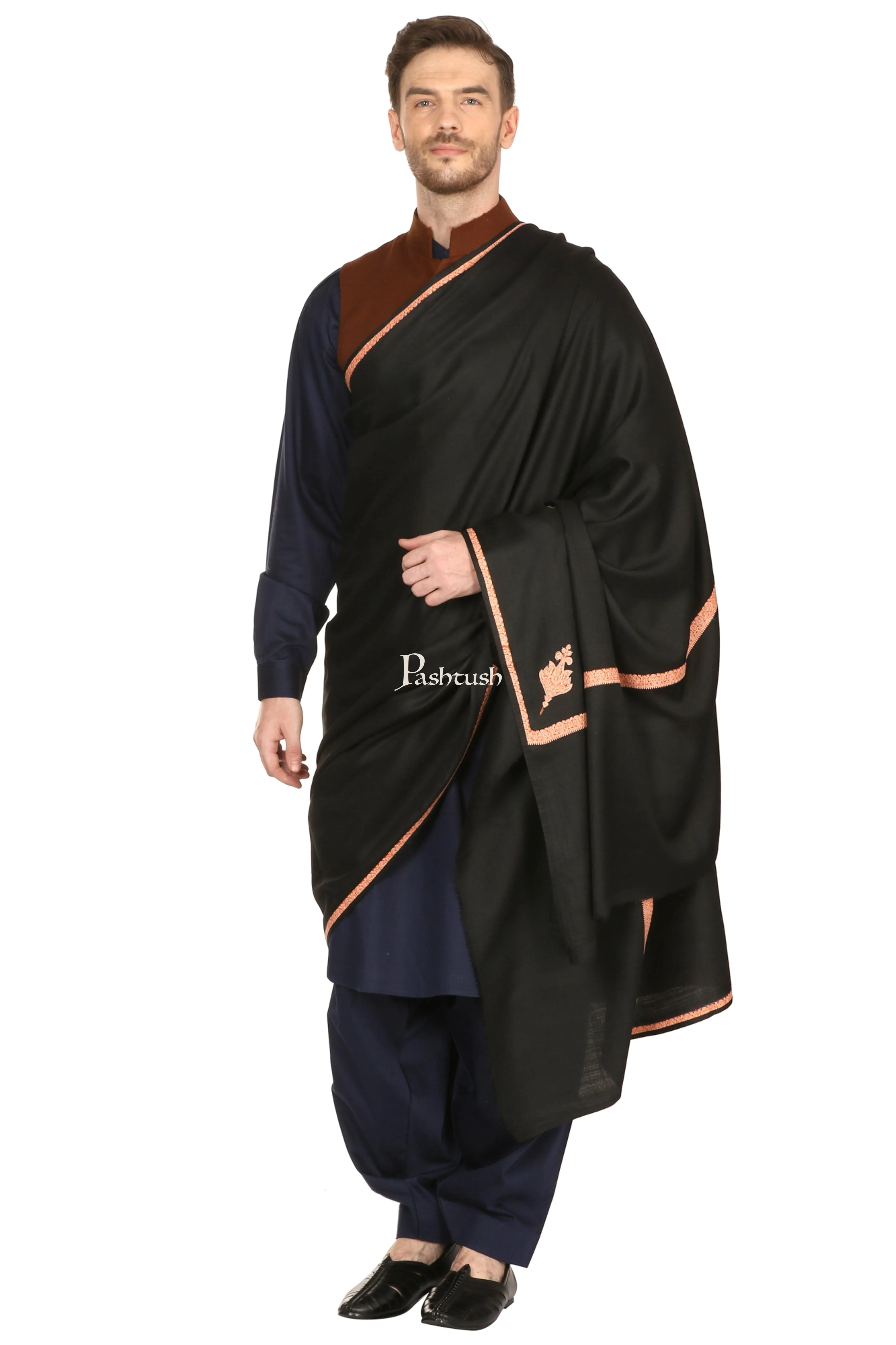 Pashtush Mens Embroidery Black Shawl, Kingri Design - Rich Black