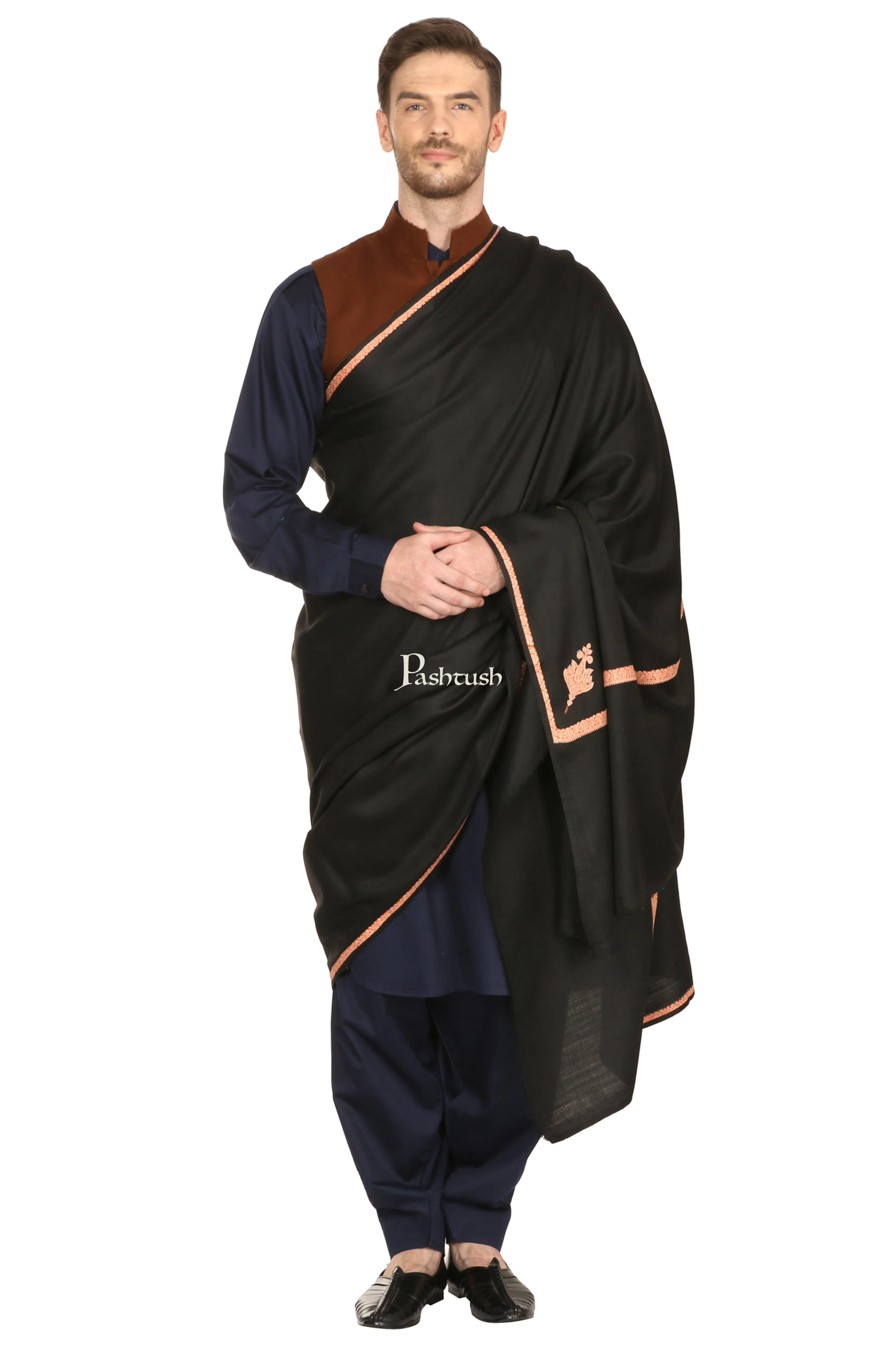 Pashtush Mens Embroidery Black Shawl, Kingri Design - Rich Black