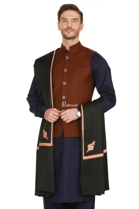 Pashtush Mens Embroidery Black Shawl, Kingri Design - Rich Black