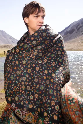 Pashtush Mens Extra Fine Wool Shawl, Ethnic Weave Design, Black