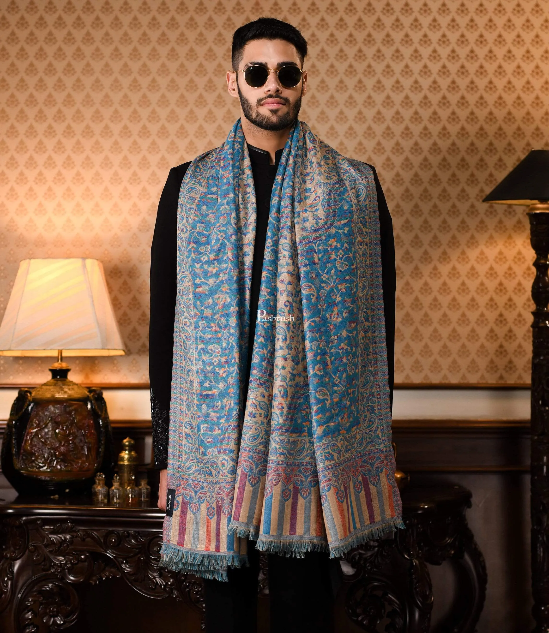 Pashtush Mens Faux Pashmina, Woven Design Jamawar Stole, Blue Beige