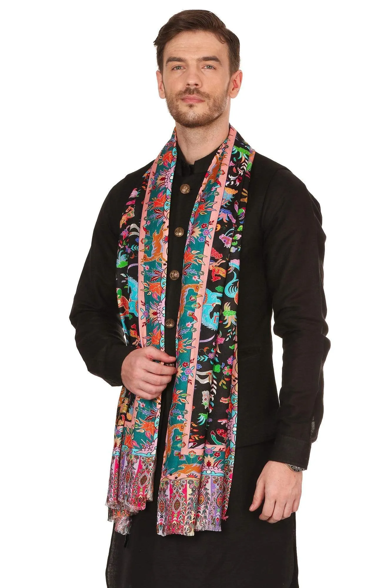 Pashtush Mens Fine Soft Bamboo Stole, Shikaardar Design - Black