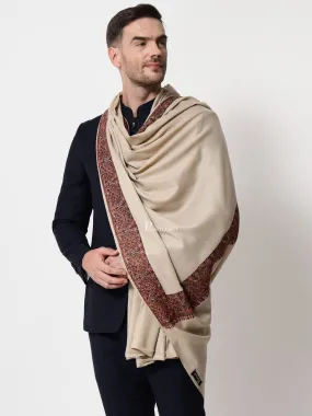 Pashtush mens Fine Wool shawl, multicolour embroidery border design, Beige