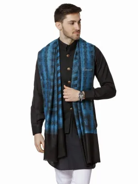 Pashtush Mens Fine Wool Stole, Ikkat Design, Pacific Blue