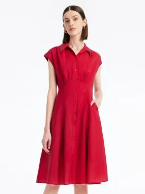 Red Tencel Shirt-style Midi Collared Dress