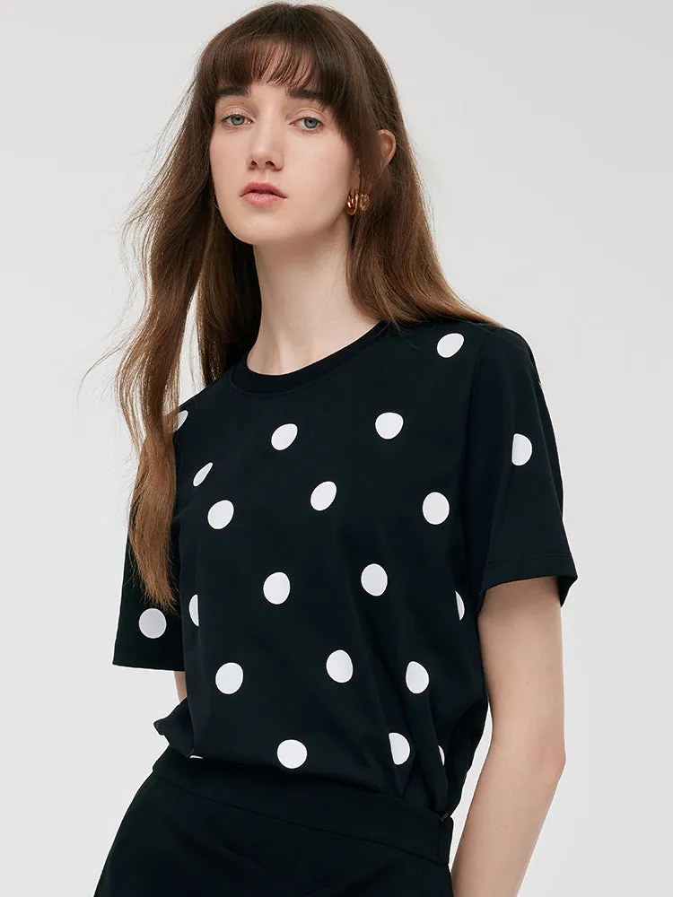 Round Neck Polka Dots Printed Women T-Shirt