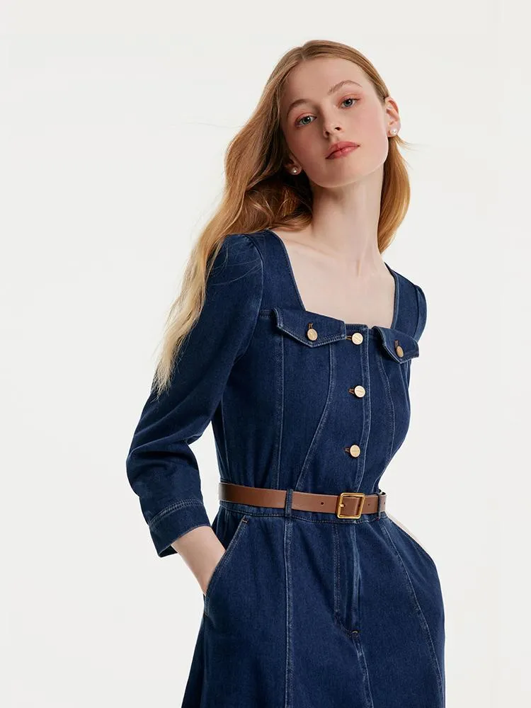 Square Neck Knit Denim Midi Dress With Belt