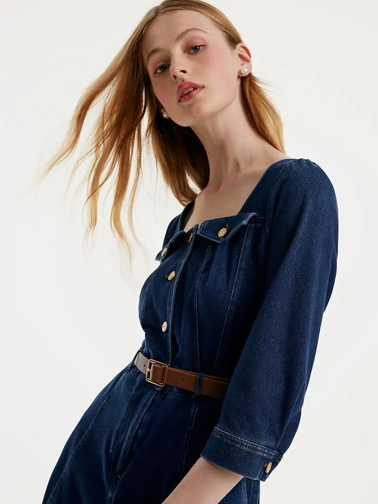 Square Neck Knit Denim Midi Dress With Belt