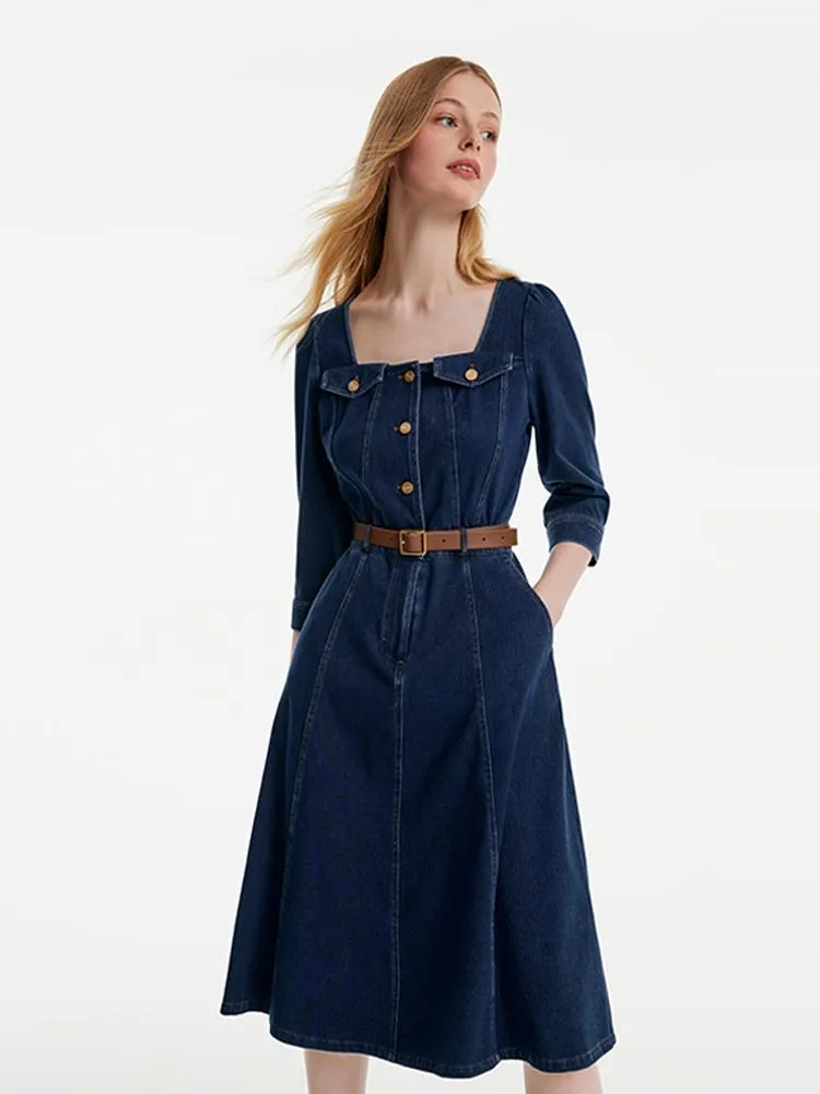 Square Neck Knit Denim Midi Dress With Belt