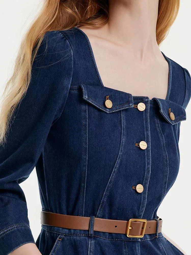 Square Neck Knit Denim Midi Dress With Belt