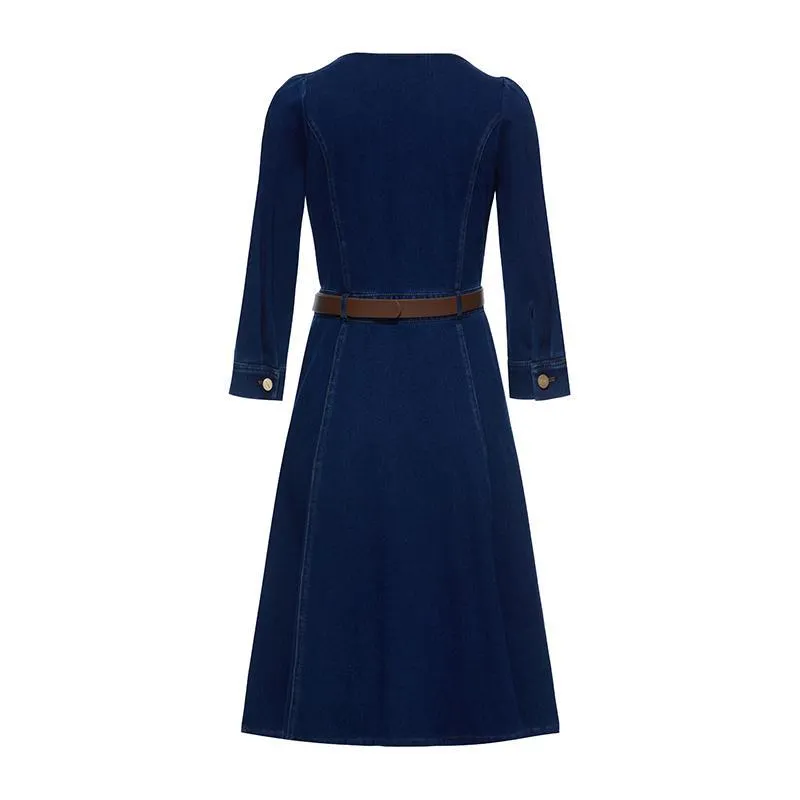 Square Neck Knit Denim Midi Dress With Belt