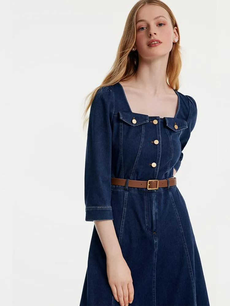 Square Neck Knit Denim Midi Dress With Belt