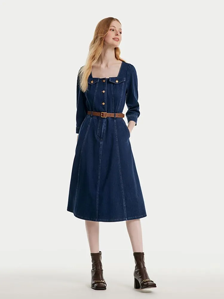 Square Neck Knit Denim Midi Dress With Belt