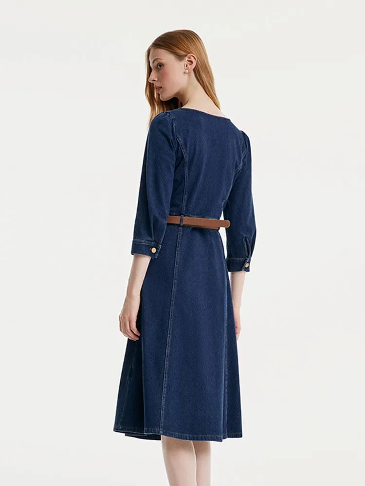 Square Neck Knit Denim Midi Dress With Belt