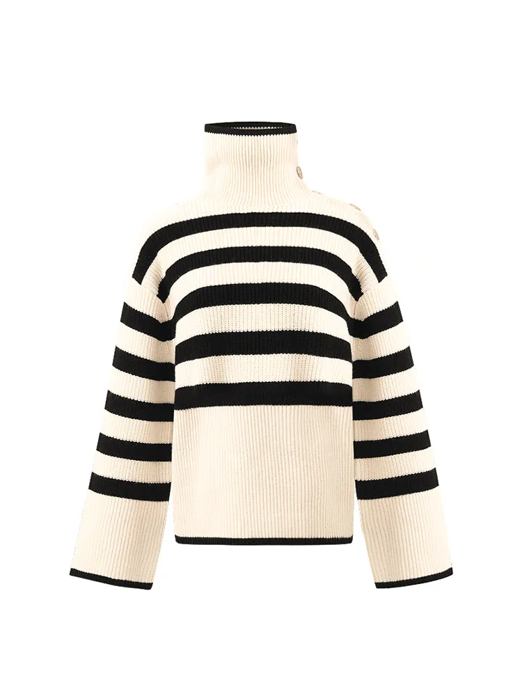 Thermostatic Wool Loose Striped Button-Shoulder Sweater