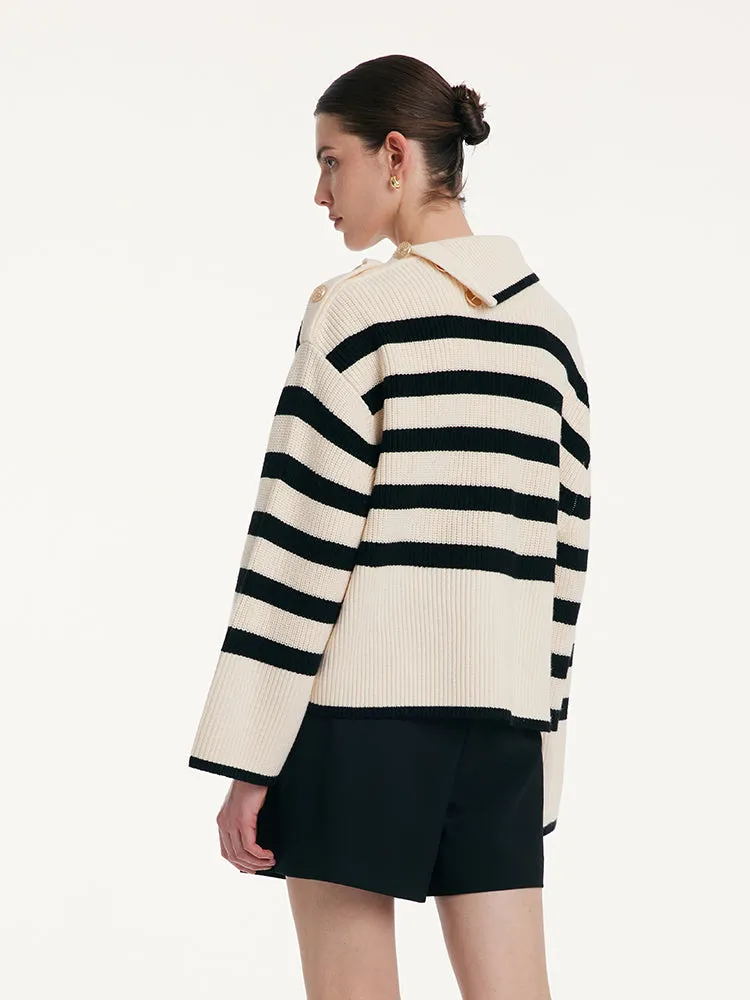 Thermostatic Wool Loose Striped Button-Shoulder Sweater