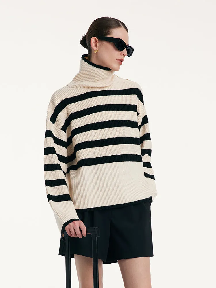 Thermostatic Wool Loose Striped Button-Shoulder Sweater