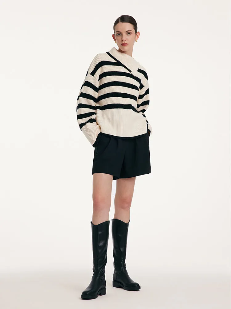 Thermostatic Wool Loose Striped Button-Shoulder Sweater