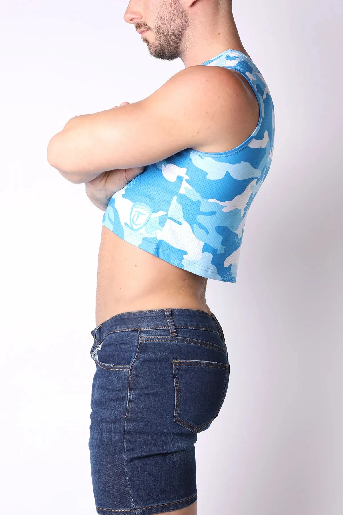 Timoteo X-Fit Camo Cloud sports mesh crop top blue