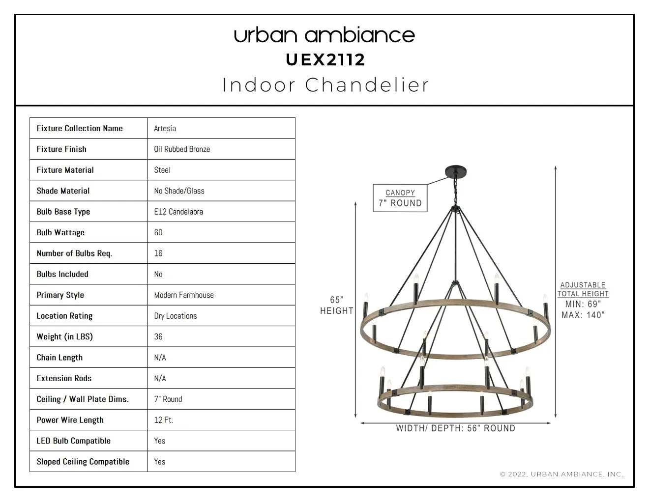 UEX2112 New Traditional Chandelier 65''H x 56''W, Oil Rubbed Bronze Finish, Artesia Collection