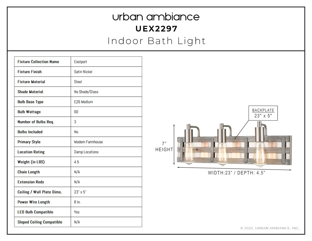 UEX2297 Modern Farmhouse Bath Light 7''H x 23''W, Satin Nickel Finish, Eastport Collection